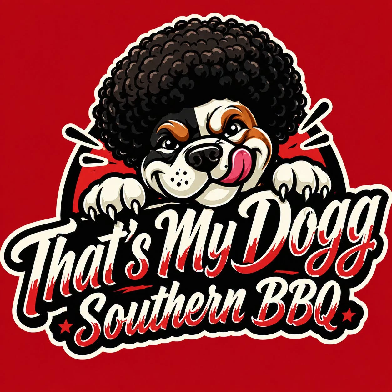 That's My Dogg Southern BBQ logo featuring a bulldog with an afro